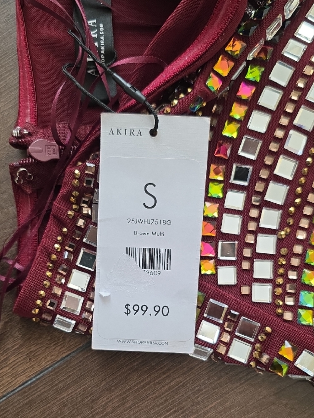 AKIRA Burgundy Crystal Mini Dress with Multicolor Jewels - Picture 7 of 7